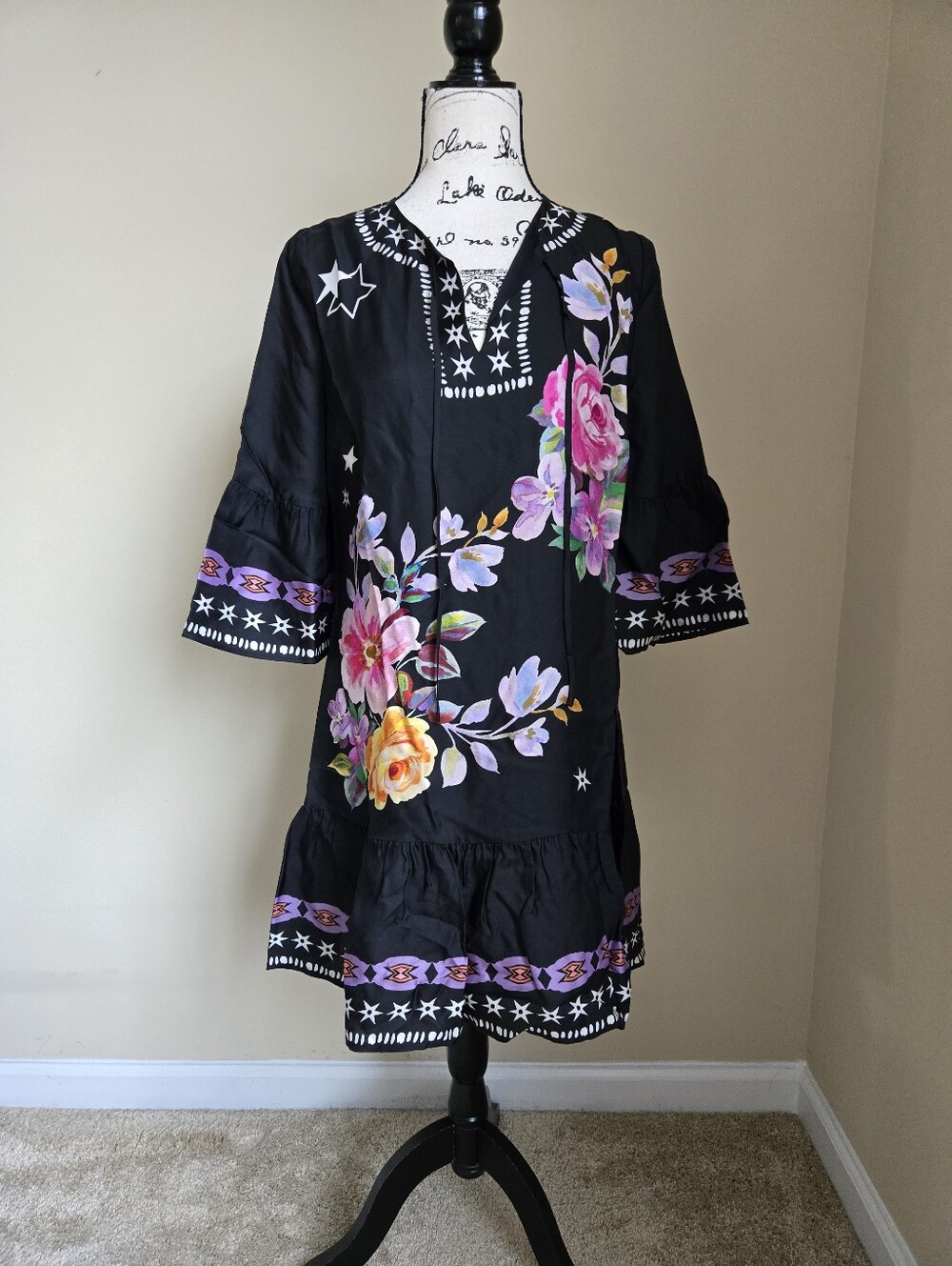 Johnny Was Hailee Mini Dress Womens XS Black Floral Silk Blend